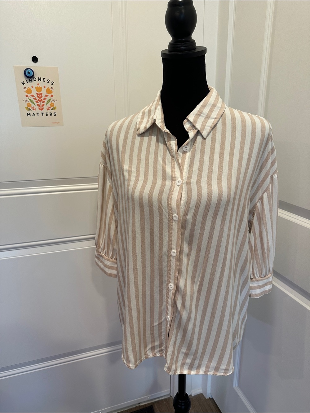 SHEIN Beige & White Striped Button-Down Shirt